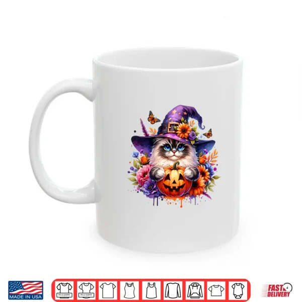 Mug Cute Ragdoll Cat Halloween Witch hat Scary Pumpkin Flowers Shirt