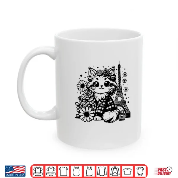 Mug French Paris Eiffel Tower Kawaii Mainecoon Cat Flowers Shirt