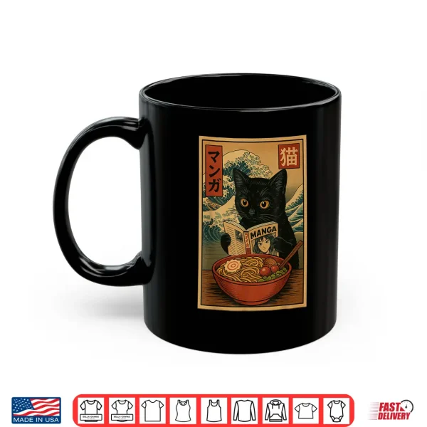 Mug Funny Anime Cat Reading Manga Ramen Bowl Retro Japanese Cat Shirt