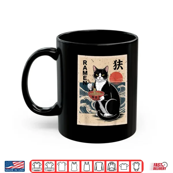 Mug Funny Anime Tuxedo Cat Eating Ramen Noodle Mom Dad Toddler Shirt