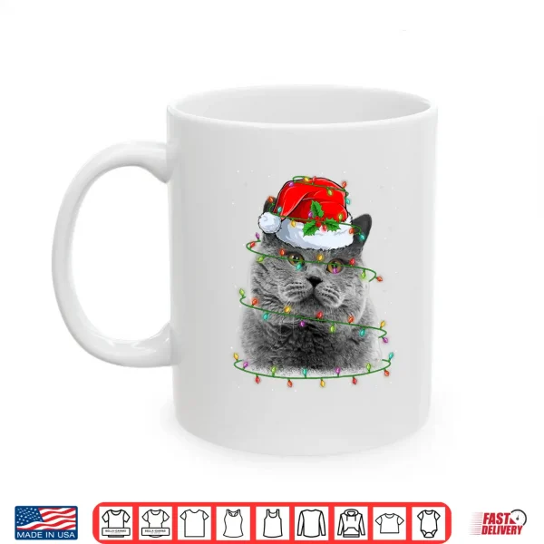 Mug Funny British Shorthair Cat Santa Hat Christmas Tree Lights Shirt