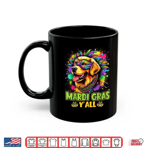 Mug Golden Retriever Dog Mardi Gras Yall Beads Mask Colorful Shirt