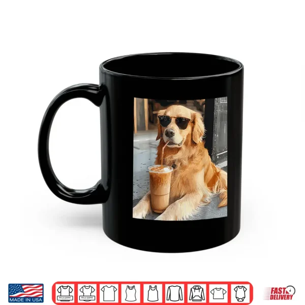 Mug Golden Retriever Drinking Iced Coffee Professional Minimalist Graphic Shirt