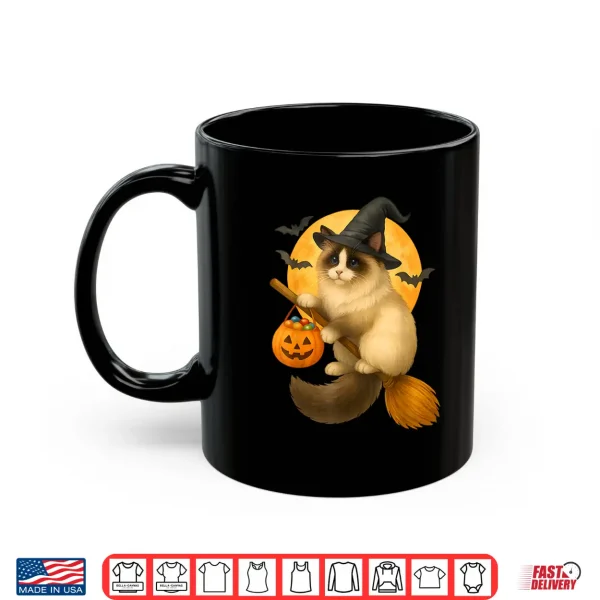 Mug Halloween Ragdoll Cat Witch Flying on Broom with Candy Shirt