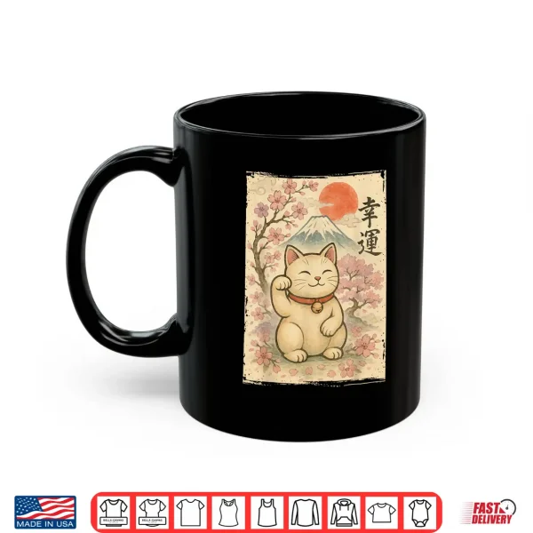 Mug Japanese Anime Maneki Neko Waving Cat Good Luck Kanji Lucky Shirt