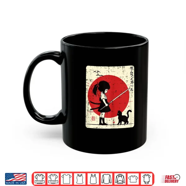Mug Japanese Samurai Girl Black Cat Kawaii Anime Girls Kid Women Shirt