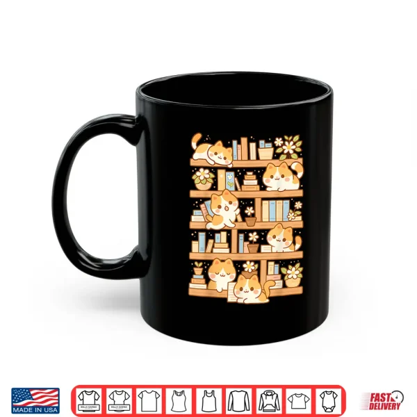 Mug Kawaii Bookshelf Cat Readers Bookworms Librarian Books Lover Shirt