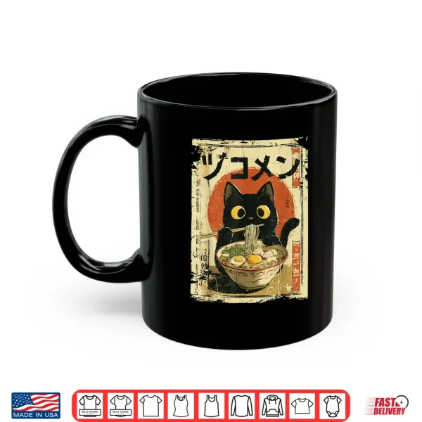 Mug Kawaii Cat Eating Ramen Noodles Funny vintage Japanese Anime Shirt