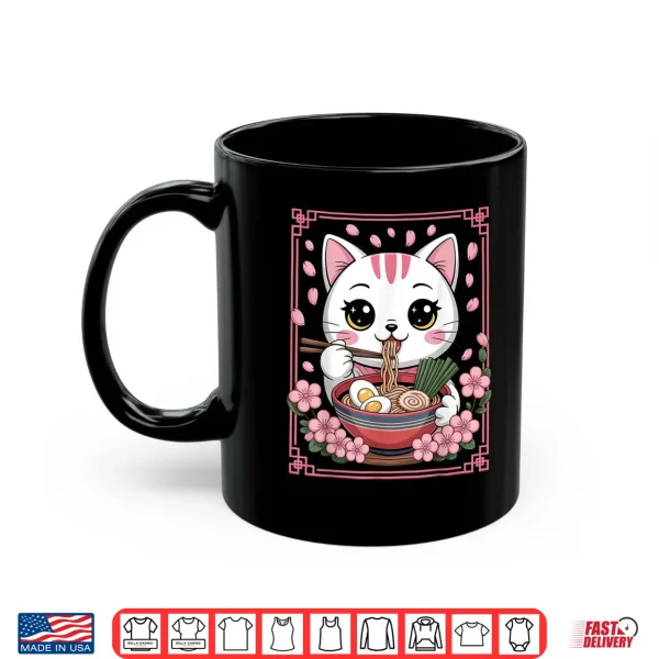 Mug Kawaii Cat Eating Ramen Noodles Japanese Anime Girls Teens Shirt
