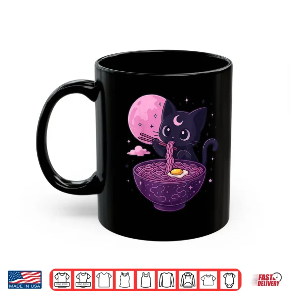 Mug Kawaii Pastel Goth Cat Eating Ramen Under Moon Japanese Shirt