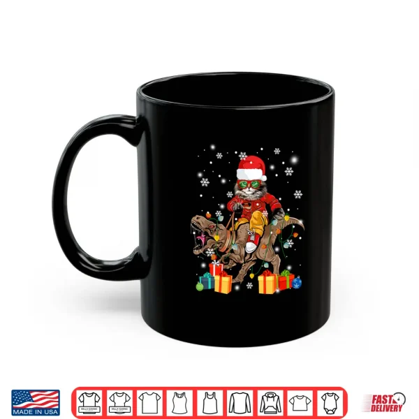 Mug Maine Coon Cat Riding T rex Funny Christmas Dino Cat Lovers Shirt