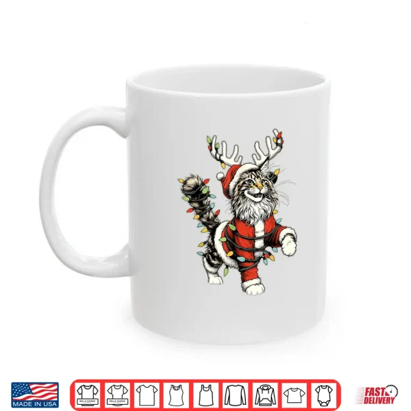 Mug Maine Coon Cat Santa Hat Christmas Tree Light Pajamas Mom Shirt