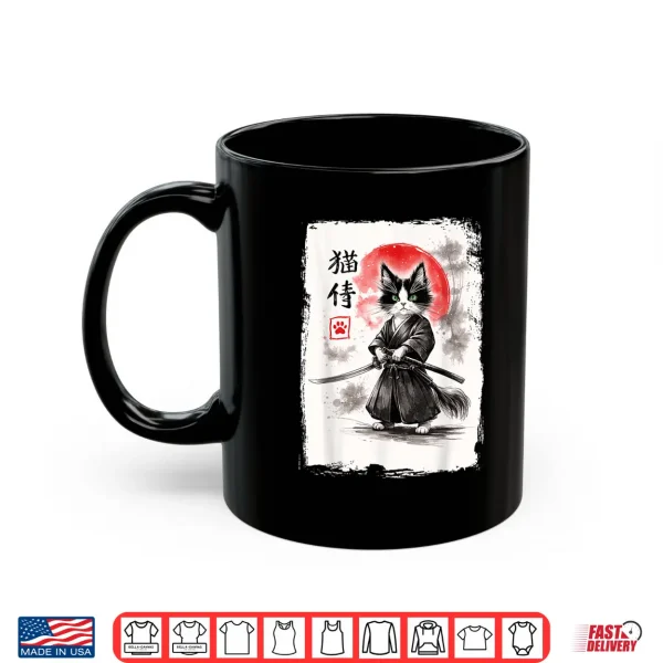 Mug Neko Samurai Under Full Moon Japanese Warrior Anime Shirt