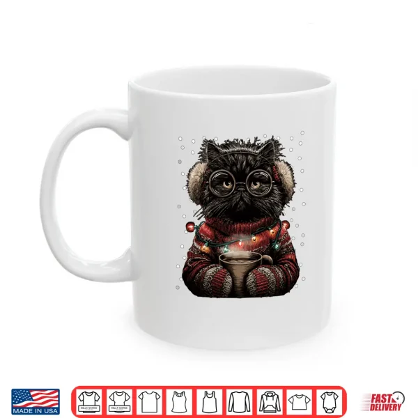 Mug Persian Cat in Glasses Christmas Lights Coffee Winter Kitten Shirt