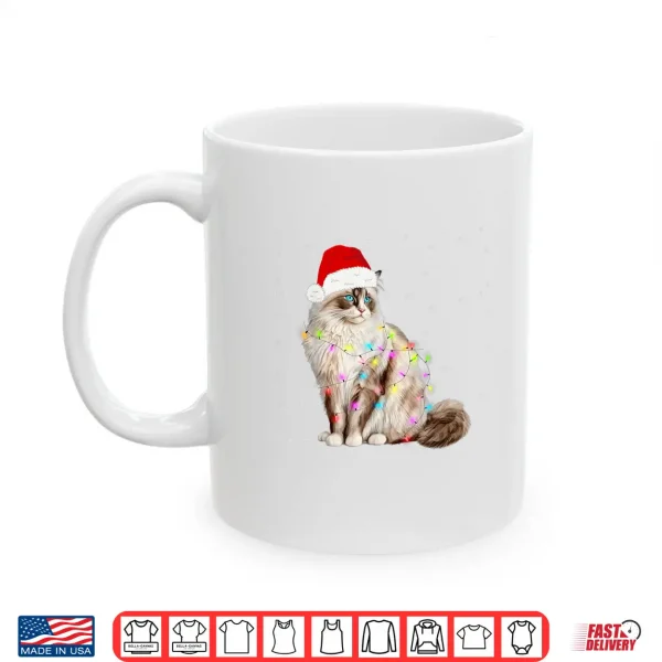 Mug Ragdoll Cat Wrapped in Christmas Lights and Santa Hat Shirt