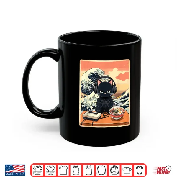 Mug Retro Gamer Cat with Ramen Great Wave for Anime Fans Shirt