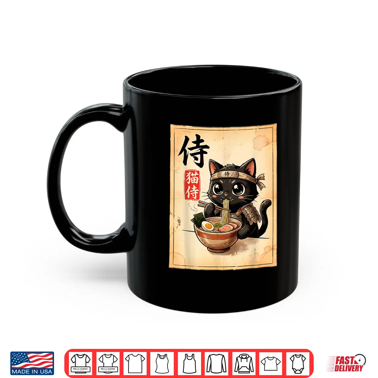 Samurai Black Cat Eating Ramen Japanese Manga Style Shirt Samurai Black Cat Eating Ramen Japanese Manga Style Shirt