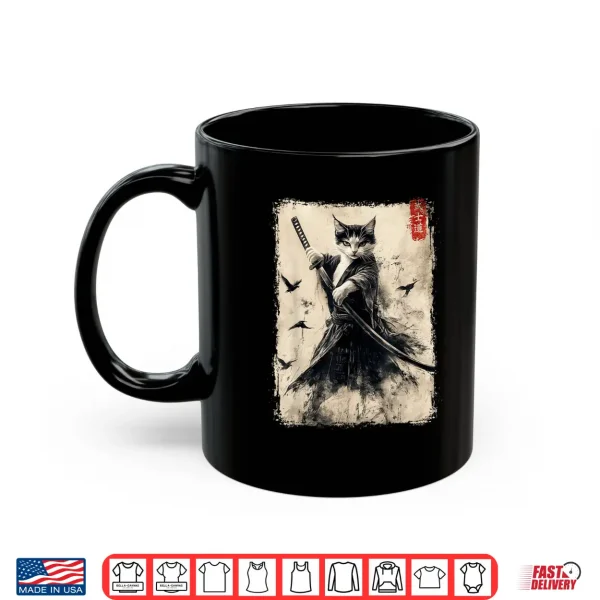 Mug Samurai Cat Graphic Tee Warrior Vintage Japanese Art Anime Shirt