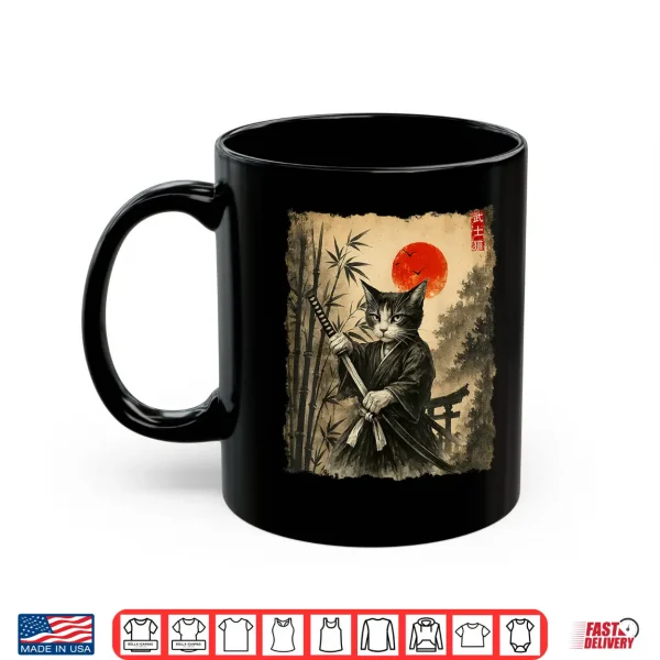Mug Samurai Cat Japanese Art Men Boys Funny Graphic Tee Anime Shirt