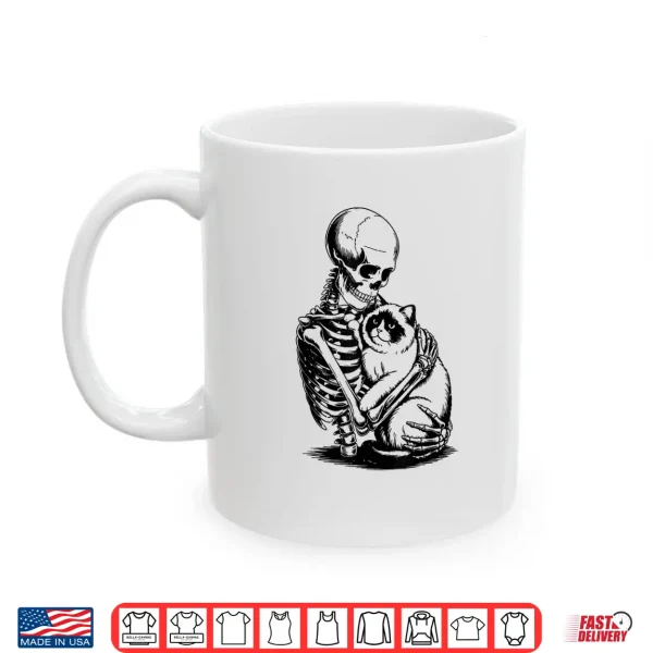 Mug Skeleton Hugging Cat Halloween Vintage Funny Ragdoll Cat Dad Shirt