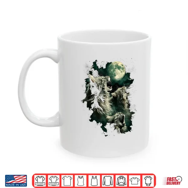 Mug Three Maine Coons Howling at the Moon 3 Hungry Cats Meowing Shirt