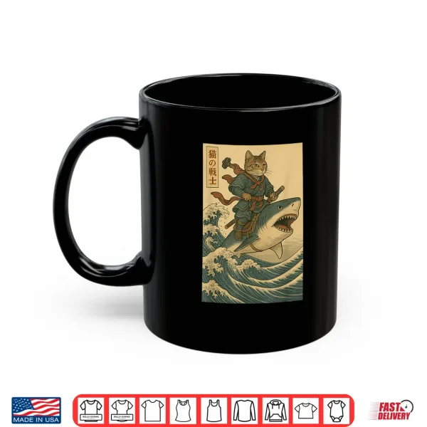 Mug Vintage Anime Cat Japanese Funny Samurai Cat Riding Shark Shirt