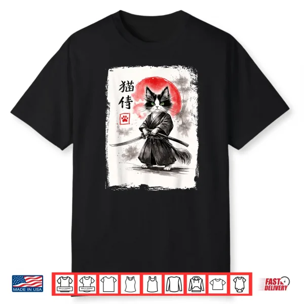 Neko Samurai Under Full Moon Japanese Warrior Anime Shirt