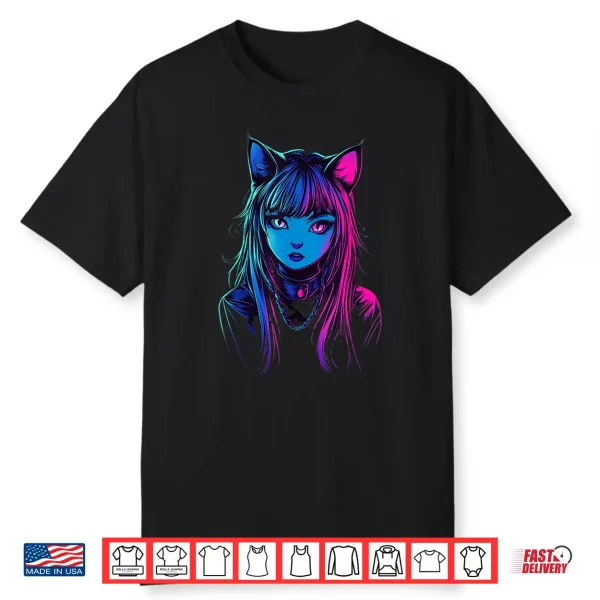 Neon Anime Cat Girl Furry Style Art For Teens Kawaii Cosplay Shirt