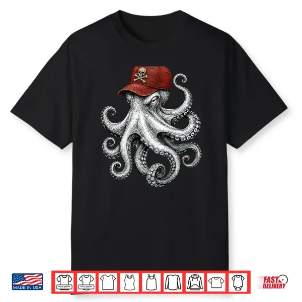 On Back Octopus With Skull And Crossbones Cap Pirate Octopus Shirt