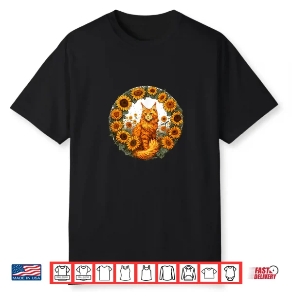 Orange Maine Coon Cat Art And Sunflowers Shirt