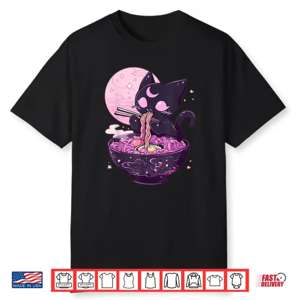 Pastel Goth Aesthetic Kawaii Creepy Cat Eating Ramen Noodles Shirt