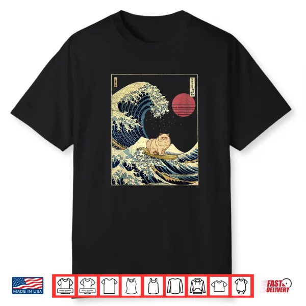 Persian Cat Japanese Kanagawa Wave Funny Surf Animal Shirt