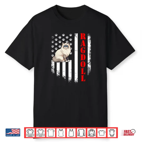 Ragdoll Cat American Flag Paw Print Patriotic Graphic Tee Shirt