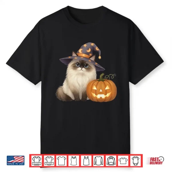 Ragdoll Cat Mom Halloween Witch With Pumpkin Cute Fall Shirt