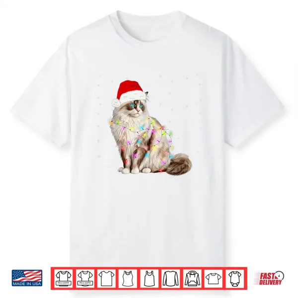Ragdoll Cat Wrapped In Christmas Lights And Santa Hat Shirt