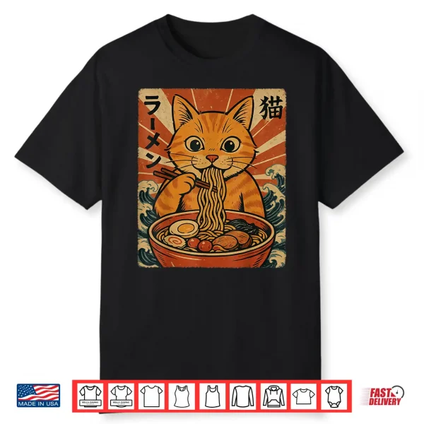 Ramen Noodles Orange Cat Japanese Anime Kawaii Cat Retro Shirt
