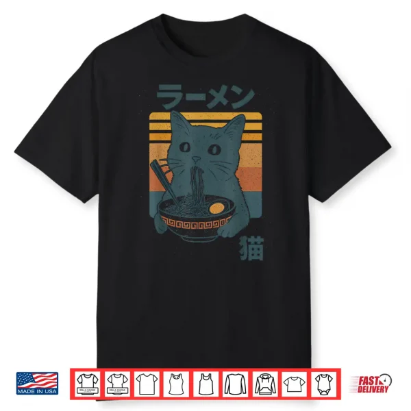 Retro Cat Eating Ramen Noodles Anime Girls Boys Men Women Shirt