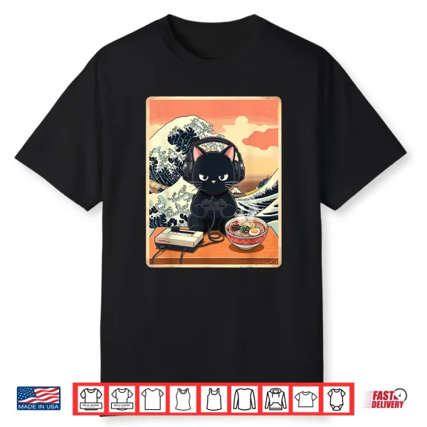 Retro Gamer Cat With Ramen Great Wave For Anime Fans Shirt
