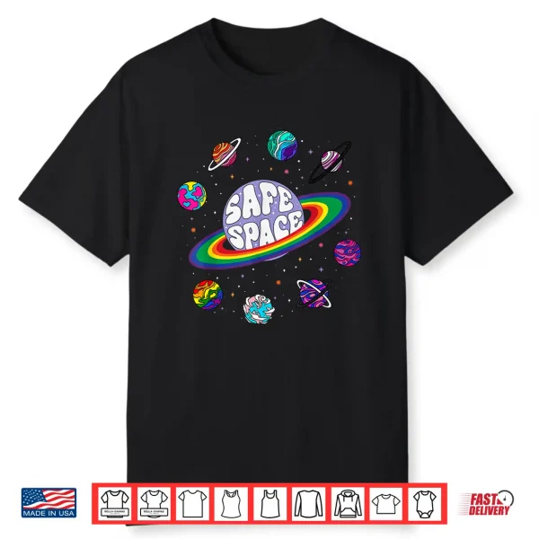 Retro Rainbow Planets Safe Space Cosmic Lgbtq Pride Month Shirt