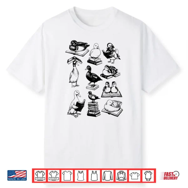 Retro Reading Ducks Graphic Sketch Ducks Bookworm Nerd Shirt