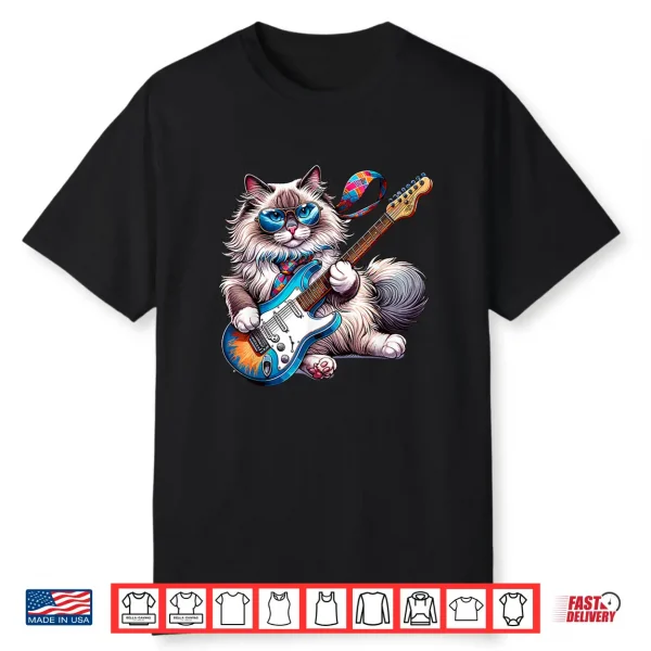 Rock Cat Playing E Guitar Funny Guitar Ragdoll Cat Shirt For Men Women Girls Kids