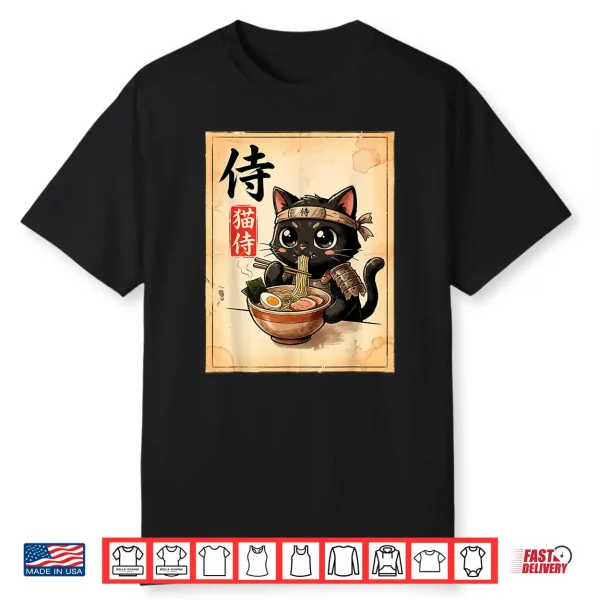 Samurai Black Cat Eating Ramen Japanese Manga Style Shirt