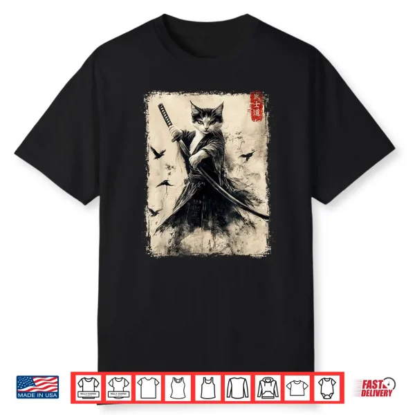 Samurai Cat Graphic Tee Warrior Vintage Japanese Art Anime Shirt