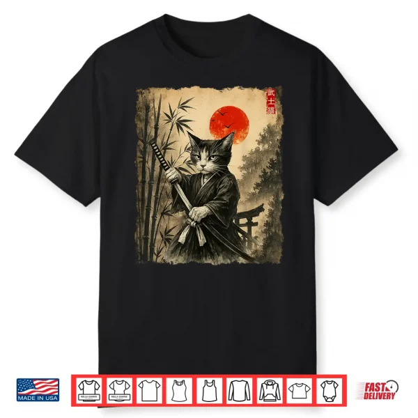 Samurai Cat Japanese Art Men Boys Funny Graphic Tee Anime Shirt