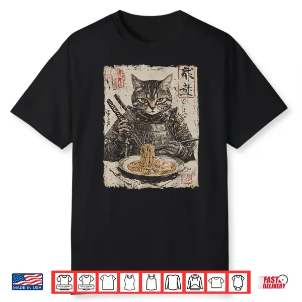 Samurai Cat Loves Ramen Funny Anime Japanese Artwork Samurai Shirt