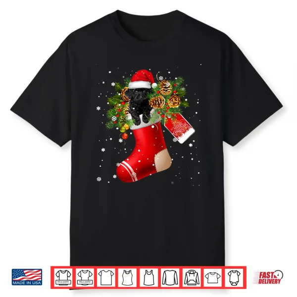 Santa Black Toy Poodle In Christmas Sock Pajama Shirt