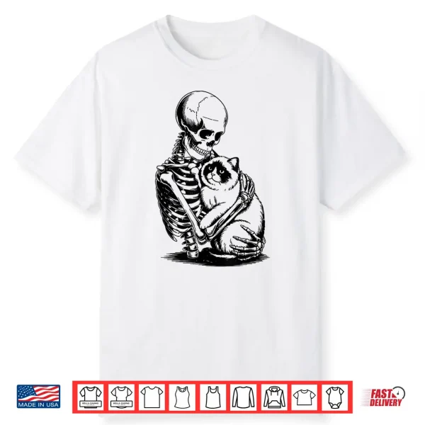Skeleton Hugging Cat Halloween Vintage Funny Ragdoll Cat Dad Shirt
