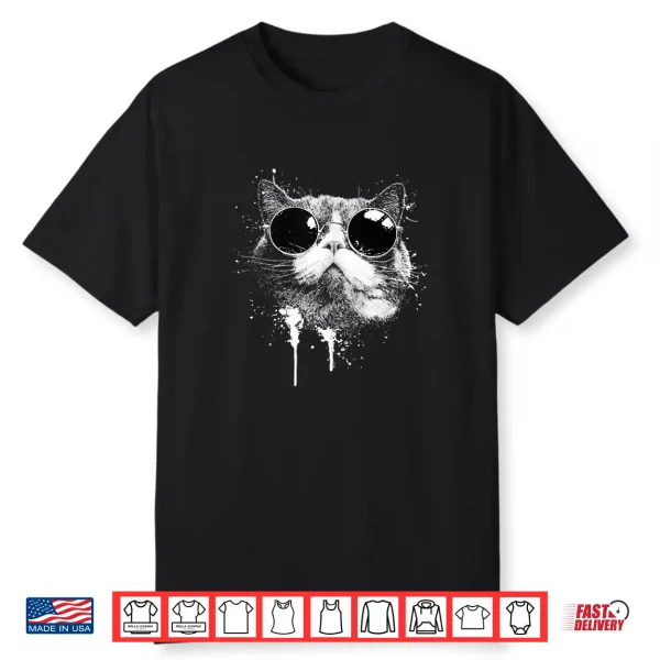 Splash Art Grunge Style British Shorthair Cat Wearing Shades Shirt