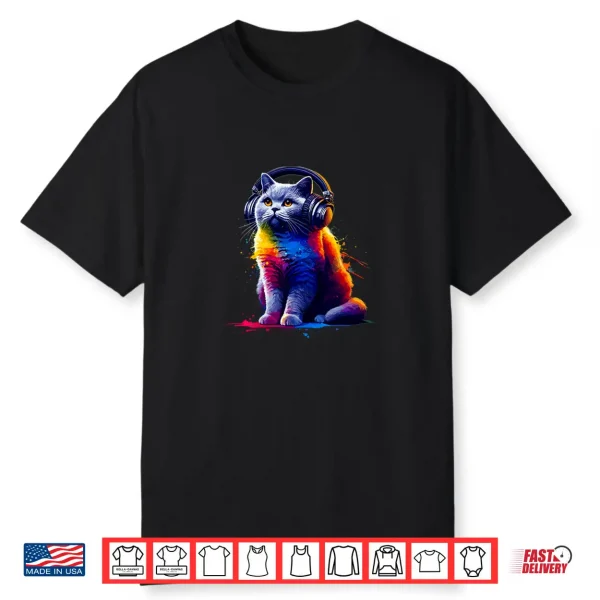Splash Art Headphones British Shorthair Cat British Blue Shirt