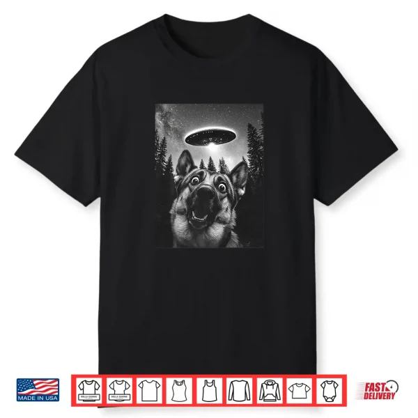 Surprised German Shepherd Selfie With Alien Ufo Dog Shirt